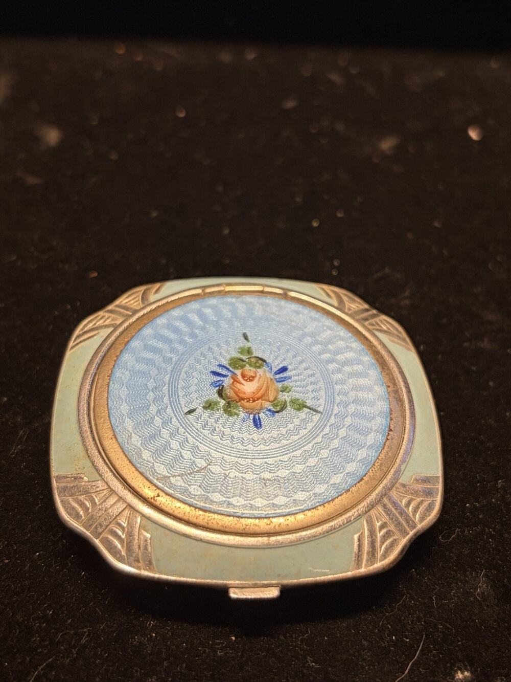 Vtg Mayfair Evans Compact Blue Guilloche Enamel Floral Art Deco Powder Mirror